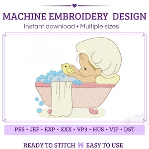 May include: Machine embroidery design featuring a baby wearing a shower cap in a pink bathtub filled with blue bubbles and a white towel. The baby holds a yellow rubber duck. Text includes MACHINE EMBROIDERY DESIGN, Instant download, Multiple sizes, PES, JEF, EXP, XXX, VP3, HUS, VIP, DST, READY TO STITCH, and EASY TO USE.