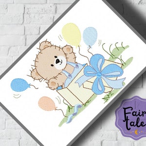 Bear Boy Gift Balloon embroidery design, boy embroidery design machine, baby embroidery pattern, file instant download, animals embroidery