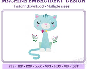 May include: A machine embroidery design featuring a light blue cartoon cat with closed eyes, a pink nose, and a small pink bow tie. The cat is flanked by two thin green stems topped with small pink and blue flowers. Text reads MACHINE EMBROIDERY DESIGN.