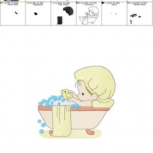 May include: An embroidery design featuring a child with blonde hair in a bathtub filled with blue bubbles, holding a yellow rubber duck. The design includes a towel draped over the tub edge and measures 5.43 x 5.04 inches with 16,589 stitches.