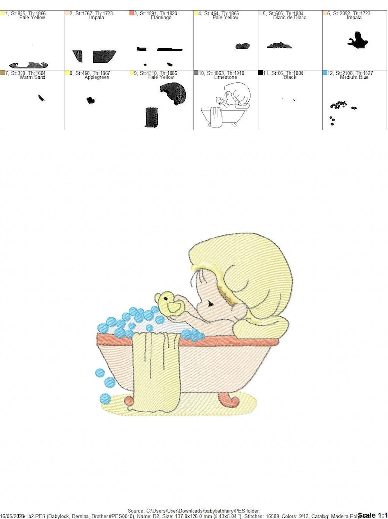 May include: An embroidery design featuring a child with blonde hair in a bathtub filled with blue bubbles, holding a yellow rubber duck. The design includes a towel draped over the tub edge and measures 5.43 x 5.04 inches with 16,589 stitches.