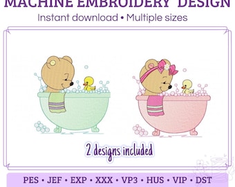 Bears Bath Embroidery Design - Baby Machine Embroidery File - PES EXP HUS - 4x4 5x7 6x10 hoop - Instant Download - Newborn Embroidery Design