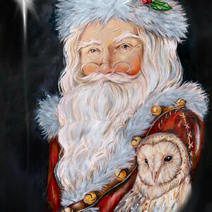 Santa Claus with an Owl in the night sky Christmas Card