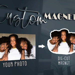 May include: Image promoting custom magnets. The words "Custom Magnets" are displayed in silver lettering. The image shows a photo of three women, and a die-cut magnet version of the photo. Text reads "Your Photo" and "Die-Cut Magnet."