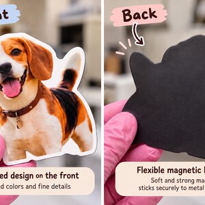 May include: A die-cut magnet featuring a beagle dog with brown, white, and black fur, a brown collar, and a pink tongue. The front displays the printed dog image, while the back shows a solid black, flexible magnetic surface.