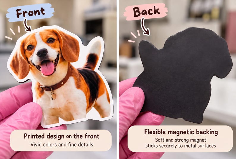 May include: A die-cut magnet featuring a beagle dog with brown, white, and black fur, a brown collar, and a pink tongue. The front displays the printed dog image, while the back shows a solid black, flexible magnetic surface.