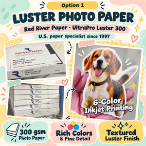 May include: Red River Paper UltraPro Luster 300 photo paper in 8.5x11 inch sheets. The packaging features the brand logo and item 5207. A sample print shows a beagle dog with 6-color inkjet printing, 300 gsm weight, and a textured luster finish.