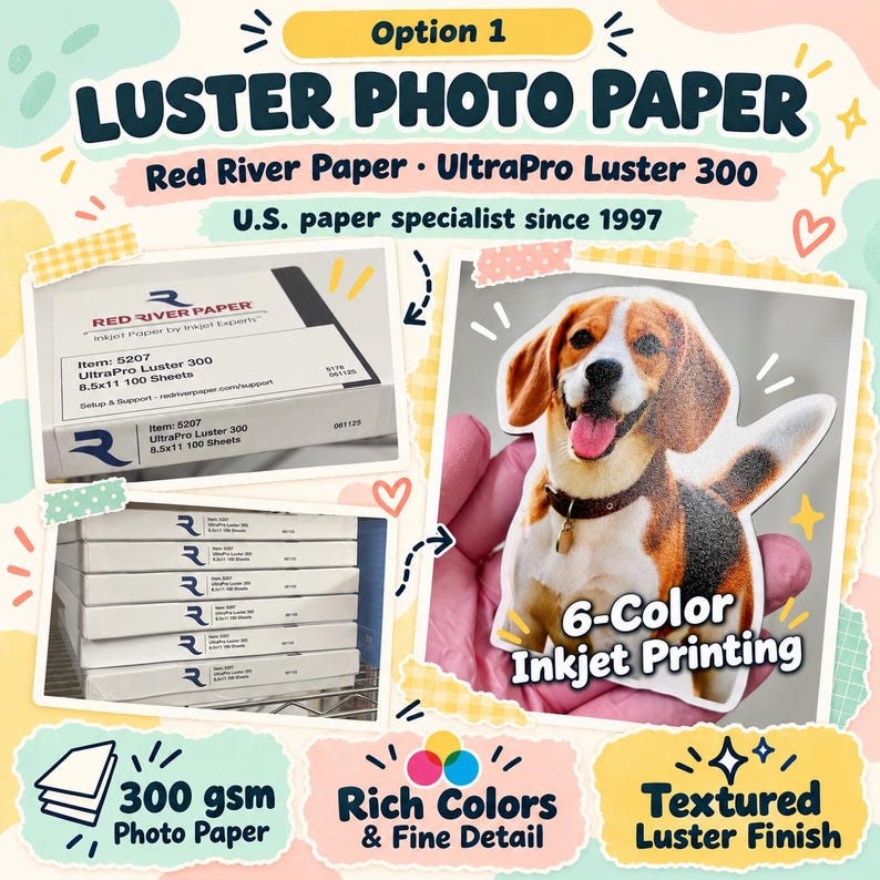 May include: Red River Paper UltraPro Luster 300 photo paper in 8.5x11 inch sheets. The packaging features the brand logo and item 5207. A sample print shows a beagle dog with 6-color inkjet printing, 300 gsm weight, and a textured luster finish.