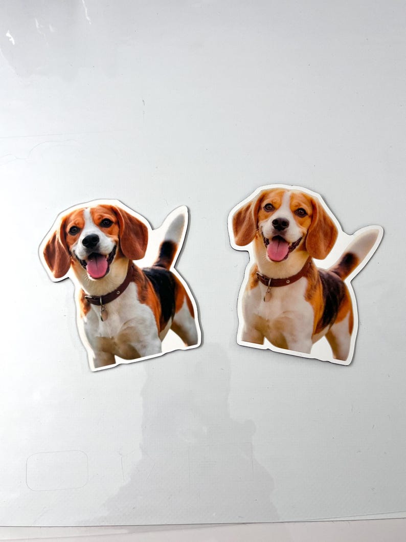 May include: Two die-cut stickers featuring a beagle dog with brown, black, and white fur. The dog has floppy ears, a brown collar with a small tag, and an open mouth with a pink tongue visible. The stickers are identical in design.