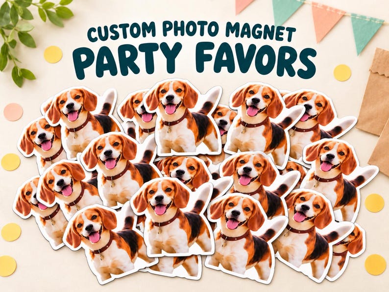 May include: A collection of custom photo magnets featuring a beagle dog with brown, black, and white fur, wearing a brown collar. The text CUSTOM PHOTO MAGNET PARTY FAVORS is displayed in dark blue letters above the dog magnets.