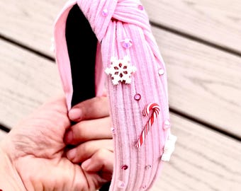 Embellished Christmas Headband: Pink Knotted Headband with Snowflakes