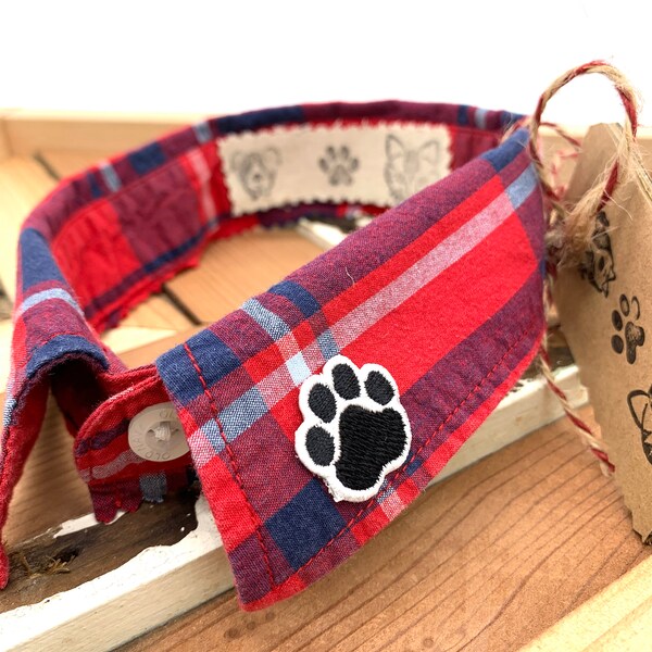 Upcycled Red and Blue Plaid Dog Collar with Paw Applique