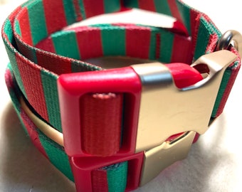 Holiday Gifts for Dog Lovers, Adjustable Red & Green Dog Collar, Striped Dog Collar, Christmas Dog Collar