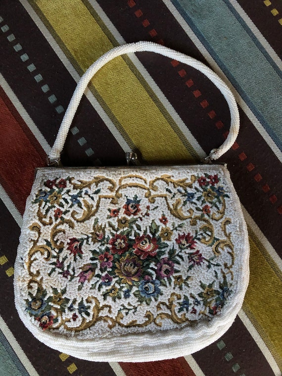 1930s/1940s Blue Tapestry Swan Floral Ornate Frame Art Deco Purse Handbag —  Canned Ham Vintage