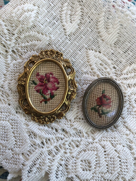 Two Vintage Needlepoint Flower Brooches