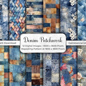 Denim Patchwork Digital Paper Pack, Collage Paper, Commercial Use, Seamless Pattern, Junk Journal, 12x12 inch, Instant Download, DP02
