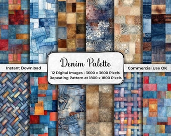 Denim Patchwork Digital Paper Pack, Collage, Commercial Use, Seamless Pattern, Junk Journal, 12x12 inch, Instant Download, JPG DP02