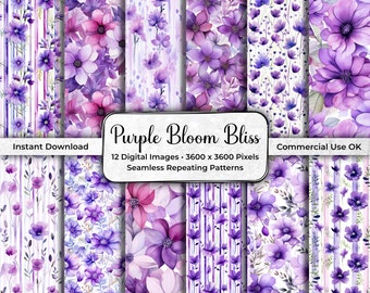 Purple Floral Digital Paper Pack Seamless Pattern Watercolor Flowers Scrapbook Paper Junk Journal Digital Download Commercial Use
