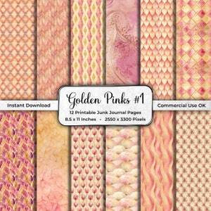 Pink and Gold Printable Junk Journal Pages, Digital Download, Patterened Card Making Papers, Scrapbooking Supplies, JPEG, GP01