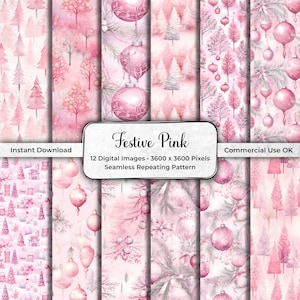 Pink Christmas Seamless Paper Pack, Printable Holiday Patterns, 12 x 12 JPG, Digital Ornament, Scrapbook, Commercial Use, PC01