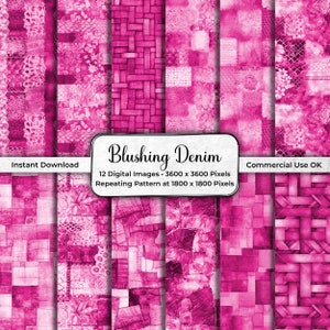 Peut inclure: Douze papiers numériques dans un schéma de couleurs rose. Les motifs présentent divers motifs, notamment tissés, floraux et géométriques. Le texte "Blushing Denim" est affiché au centre de l'image.