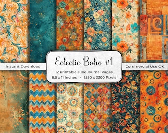 Bohemian Styled Printable Junk Journal Pages, JPEG, Repeating Patterns, Hippie, Scrapbooking, Instant Download, Commercial Use, JPG BJ01