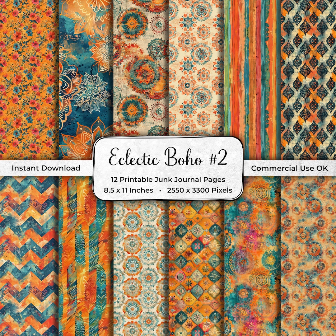 Boho Junk Journal Pages: Teal & Orange Patterns (digital Download) - Etsy