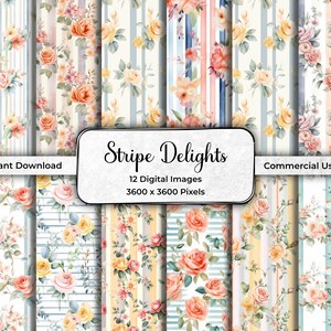 Papier numérique à rayures vintage floral, rayures bleues et roses, téléchargement immédiat, sans couture, fleurs, usage commercial, JPEG, SD01