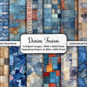 Denim Patchwork Digital Instant Download, Repeating Pattern, Junk Journal, Fabric Seamless Texture, Collage Paper, Commercial Use, JPEG DP01