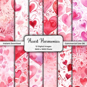 Hearts Textured Seamless Pattern Valentine Digital Paper, Watercolor, Commercial Use, Repeating, Love Texture Background, Red, Pink HRT01