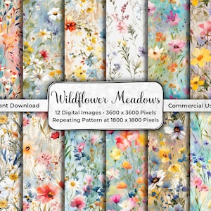 Digitale papierset Wildflower Meadows, naadloze bloemen, aquarel bloempatronen, ongewenste dagboek, digitale scrapbooking, JPG, collage WM01
