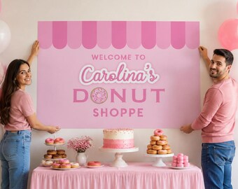 Donut Shop Birthday Backdrop – Pink  Blue Candy Shoppe Banner (Digital or Printed)