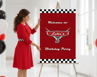Cars Racing Birthday Welcome Sign - Custom Party Decoration - Personalized Digital File or Printed Foam Board