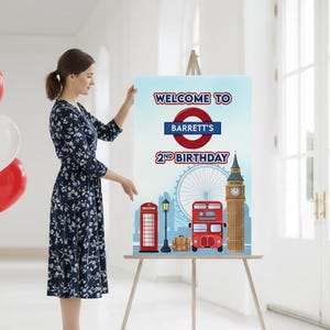 London Themed Birthday Welcome Sign – British Party Decor, Big Ben, Red Bus, Phone Booth
