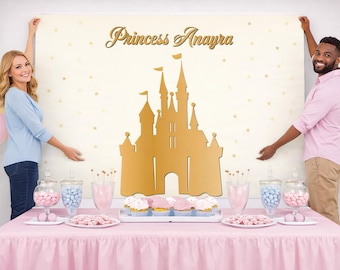 Fondo de cumpleaños Castillo de Princesa - Pancarta de fiesta de estrellas, texto personalizado disponible - Digital o impreso