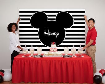 Personalized MOUSE Birthday Backdrop – Black Stripe Party Decoration (Digital or Printed)