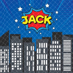 Personalized Superhero Birthday Backdrop – Cityscape Party Banner (Digital or Printed) Blue