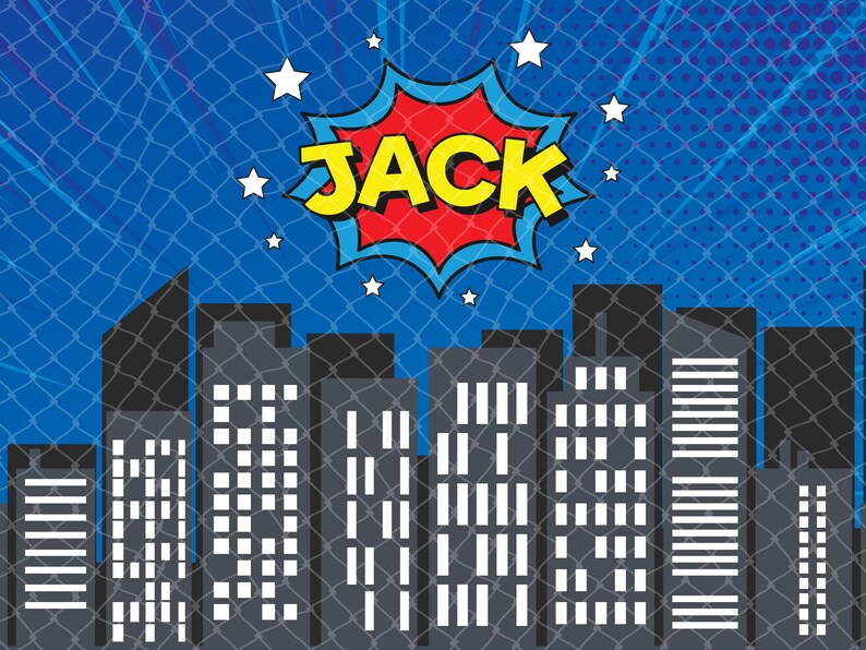 Personalized Superhero Birthday Backdrop – Cityscape Party Banner (Digital or Printed) Blue