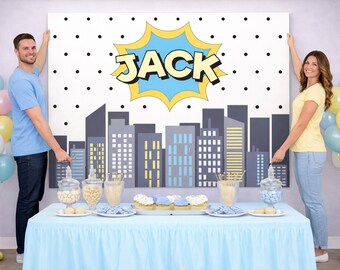 Personalized Superhero Birthday Backdrop – Cityscape Party Banner (Digital or Printed) - Pastel Colors