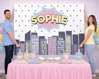 Toile de fond personnalisée pour anniversaire de super-héros - bannière de fête paysage urbain (numérique ou imprimée) - couleurs pastel
