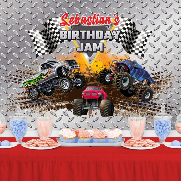 TRUCK Personalized Birthday Backdrop - Monster Truck Birthday Party Background - Birthday - Race car - Party Jam - Birthday Jam - Race Flags