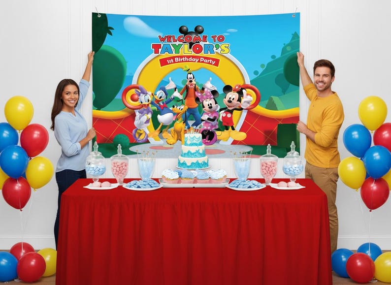 Puede incluir: Escena de fiesta de cumplea&ntilde;os con una mesa roja, globos y un tel&oacute;n de fondo con Mickey Mouse y sus amigos. El tel&oacute;n de fondo dice "WELCOME TO TAYLOR'S 1st Birthday Party". Una tarta y golosinas est&aacute;n sobre la mesa.