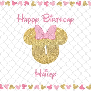 Toile de fond d'anniversaire inspirée de Minnie Mouse – Décoration de fête personnalisée (numérique ou imprimée) Gold