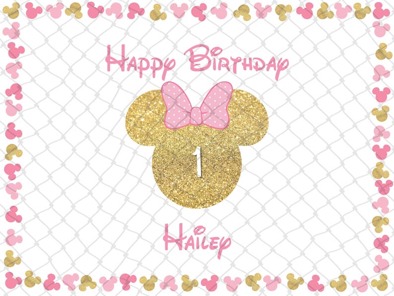Toile de fond d'anniversaire inspirée de Minnie Mouse – Décoration de fête personnalisée (numérique ou imprimée) Gold