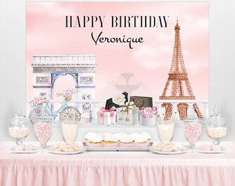 Pink Floral Happy Birthday Backdrop Paris Eiffel Tower Photography Background Black and White Stripes Decorations for Baby Girl s Birthday Party 7x5ft Any Age Women s Birthday Party Photo Booth Props
