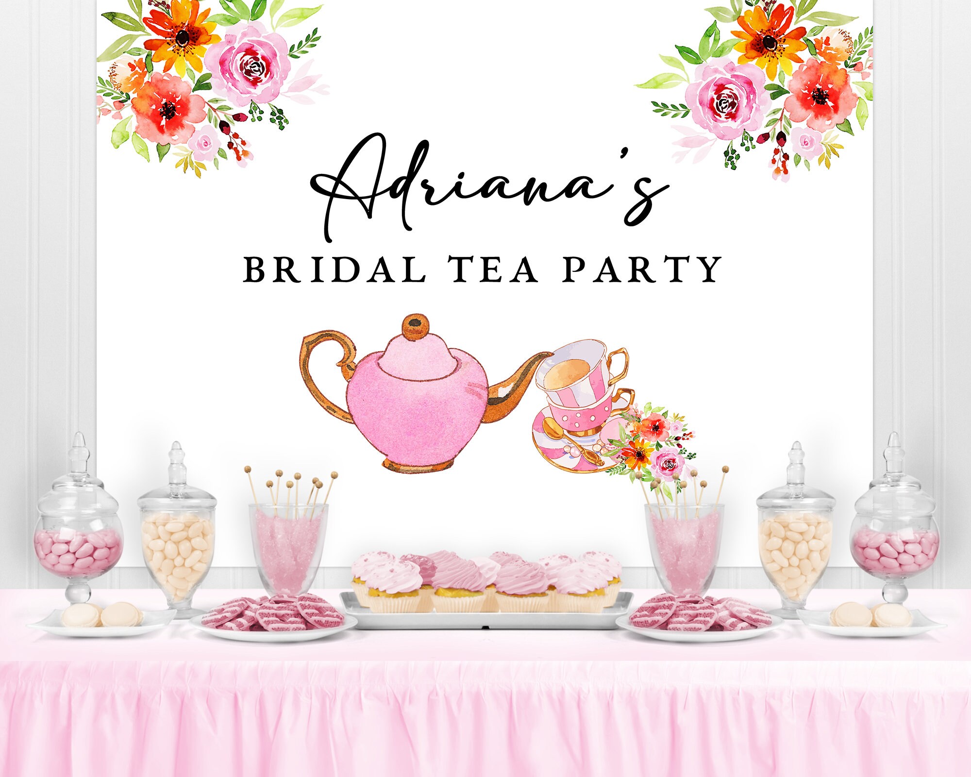 PERSONALIZED Party Backdrop Personalized Tea Party Background Tea Time Elegant Birthday Party Banner Bridal Shower Baby