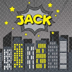 May include: Comic book style illustration featuring a cityscape silhouette with illuminated windows. A yellow word "JACK" is in a speech bubble, surrounded by yellow stars against a gray background with a halftone pattern.