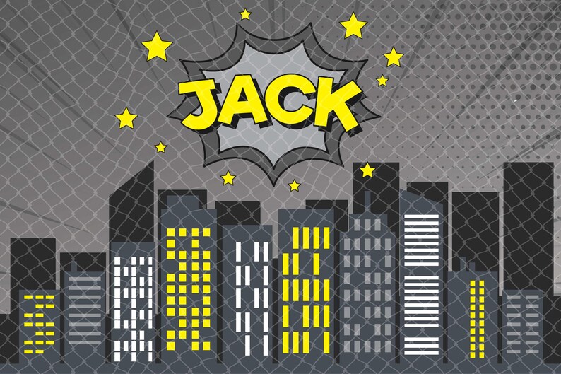May include: Comic book style illustration featuring a cityscape silhouette with illuminated windows. A yellow word "JACK" is in a speech bubble, surrounded by yellow stars against a gray background with a halftone pattern.