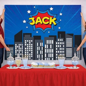 Personalized Superhero Birthday Backdrop – Cityscape Party Banner (Digital or Printed) image 1