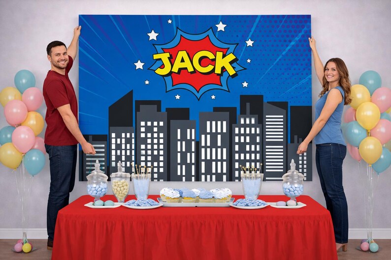 Personalized Superhero Birthday Backdrop – Cityscape Party Banner (Digital or Printed) image 1
